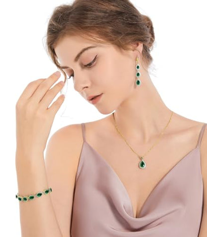 LMXXVJ Necklace Long Earrings Bracelet Set, White Gold Plated Created Blue Sapphire Jewelry Set Wedding Party Gift Jewelry for Women Bridal Bridesmaid - color: Gold-Green