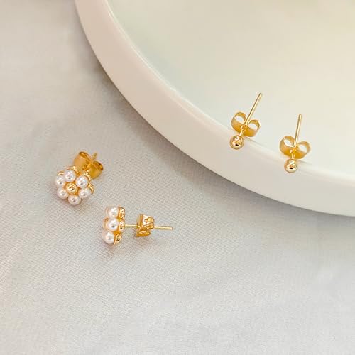 IMBOS Pearl Earrings 14k Gold Plated Daisy Flower Stud Earrings for Women Ball Stud Flat Back Earring Hypoallergenic Statement Earring Trendy Jewelry Gift for Women - color: Gold-Pearl Ball