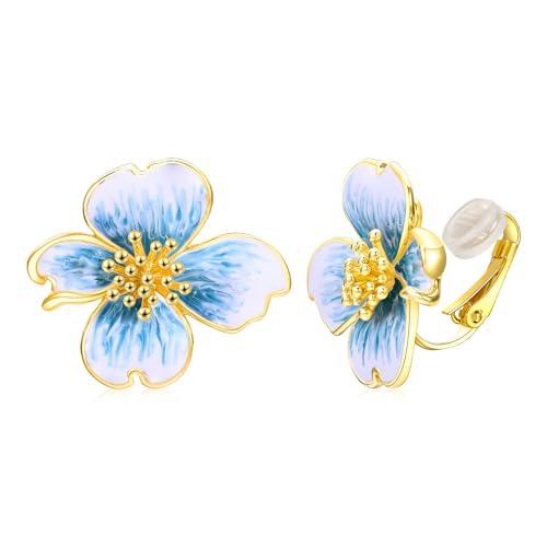 Clip on Earrings Women, 14K Gold Plated Earrings for Sensitive Ears, Fashion Women's Earrings Jewelry Birthday Gift for Wife Grandma Daughter Girls on Christmas Thanksgiving - color: Cherry Blossom Blue Gradient Color Earrings