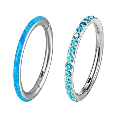 2pc G23 Titanium 6/8/10/12mm Nose Ring Opal Multi Zircon Hoop Hinge Septum Ear Lobe Daith Body Piercing - color: OP05 & Blue Zircon, size: Inner Ring Diameter: 10mm