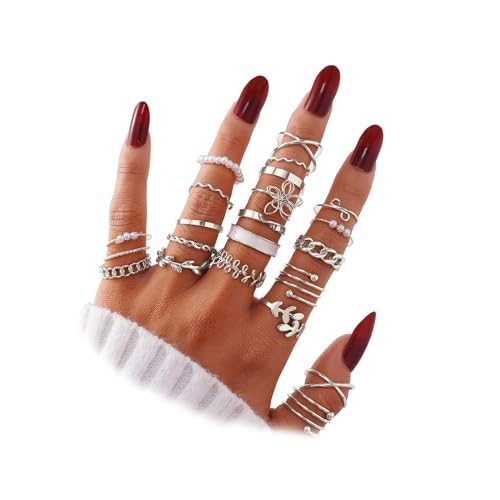 IFKM Gold Knuckle Rings Set For Women Vintage Stackable Joint Finger Midi Rings Dainty Cubic Zirconia Crystal Simple Twist Hollow Cute Rings Pack Jewelry Gift - color: Silver, style: Forest Of Flowers