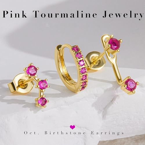 3 Pairs Dainty Small Earrings Set for Women Trendy, Birthstone Stud Huggie Hoop Jacket Stack for Cartilage Helix, Gold Plated Hypoallergenic Cute Women Fashion Accessories Western Jewelry Gifts - color: 10Pink-Oct (Gold)