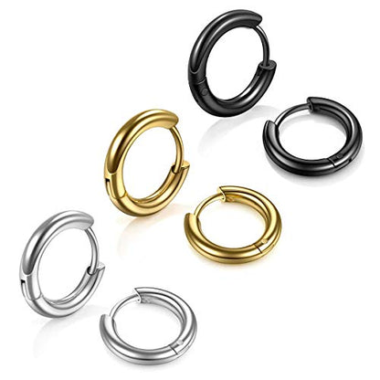 Stainless Steel Hoop Earrings for Men - Hinged Hoop Huggie Piercing Earrings Set For Men Women, Hypoallergenic Lobes Small Round Earrings - color: 3 Color Inner Diameter 0.47" (12MM)