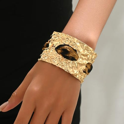 Chunky Gold Hammered Bracelets for Women, Leopard Print Scarf Big Golden Stainless Steel Cuff Bangle Silk Styling Charm Stackable Statement Jewelry Gifts - color: Large size -4.5cm