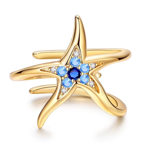 925 Sterling Silver Adjustable Rings for Women 14K Gold Plated Thumb Rings | Stackable Statement Eternity Rings Dainty Starfish Star Moon Heart Lucky Open Ring Trendy Jewelry Birthday Gifts for Ladies - color: Gold starfish opening ring