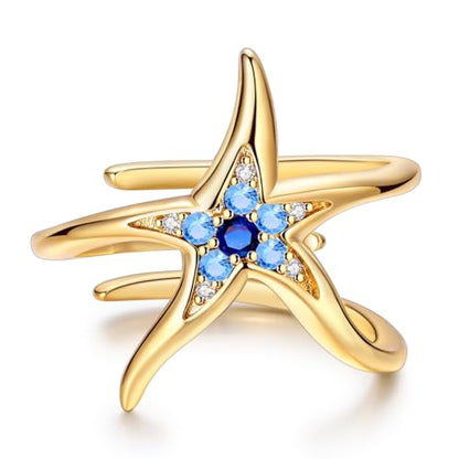 925 Sterling Silver Adjustable Rings for Women 14K Gold Plated Thumb Rings | Stackable Statement Eternity Rings Dainty Starfish Star Moon Heart Lucky Open Ring Trendy Jewelry Birthday Gifts for Ladies - color: Gold starfish opening ring