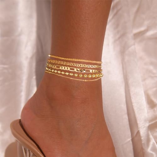 Gold Ankle Bracelets for Women,14k Gold Plated Anklets Waterproof Cuban Link Tennis Herringbone Beaded Chain Anklets Set Layered Anklet Bracelets for Women Adjustable Summer Beach Jewelry 5pcs - color: B:Gold mariner +figaro+ball+ bead+ shard