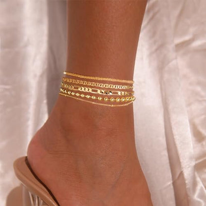 Gold Ankle Bracelets for Women,14k Gold Plated Anklets Waterproof Cuban Link Tennis Herringbone Beaded Chain Anklets Set Layered Anklet Bracelets for Women Adjustable Summer Beach Jewelry 5pcs - color: B:Gold mariner +figaro+ball+ bead+ shard