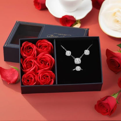 Mothers Day Gifts,4 Pieces Jewelry Set Gifts for Women,Perserved Rose with Necklace Earrings Ring Sets,Birthday Gifts for Wife Mom Girfriend On Valentine's Day Mother's Day Anniversary