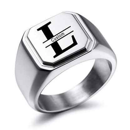 MeMeDIY Personalized Engraved Initial Monogram Signet Ring for Men Women Customize Stainless Steel Wedding Letter Rings Jewelry Bundle with Ring Size Adjusters - color: A2: Silver - Initial Name