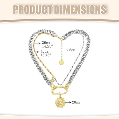 Mixed Metal Stack for Women, Multi Layered Two Tone Gold and Silver Coin Pendant Paperclip Stacked Necklace with Star and Celestial Charms, Chunky Trendy Statement Jewelry Gifts - color: Silver
