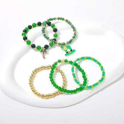 Summer Surfer Heishi Bracelet Set for Women Stackable Gold Plated Clay Ploymer Bead Stretch Pink Beach Layering Bracelets Jewelry - color: Style A-Green Bracelets 2