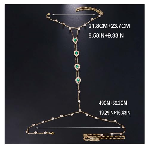 Rhinestone Green Heart Neck Chain Festival Rave Long Body Chain Necklace Summer Crystal Harness Body Chain Rhinestone Waist Belly Chain Jewelry for Women Men
