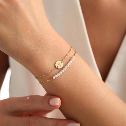 Ritach Gold Initial Bracelets for Women Girls, Freshwater Pearl Bracelet | 14K Gold Plated,Layered Disc Initial Bracelet Stackable Pearl Bracelets for Women Girls,Pearl Jewelry,Birthday Wedding Gifts - color: B