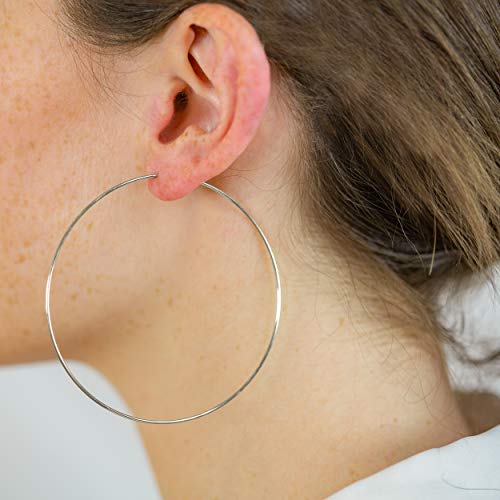Columbus 14K Gold or Rhodium Dipped Endless Hoops with Sterling Silver Posts - Wire Thin Plated Infinity Hoop Earrings with 925 Post - 40, 50, 60, 70, 80 mm - color: Silver