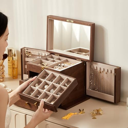 CHOSIN Black Walnut Wooden Jewelry Box for Women with Lock, Mirror, 4 Layer | Lockable wity Key, 3 Drawers, 2 Side Doors, Large Capacity for Necklaces, Earrings, Rings, Watches, Brooches, Women Gifts - size: 4 Layer - Full Lock