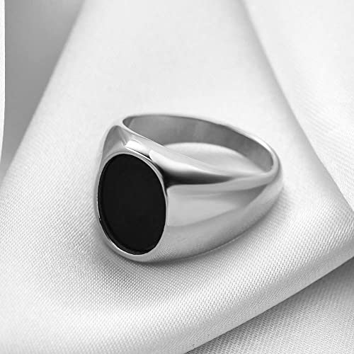 MYNENEY Stainless Steel Round Statement Pinky Signet Rings for Men Women - color: Silver+Black