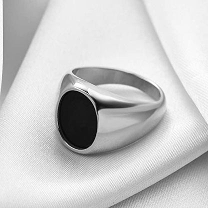 MYNENEY Stainless Steel Round Statement Pinky Signet Rings for Men Women - color: Silver+Black