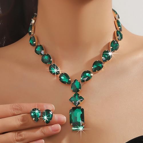 Fashion Colorful Green Silver Bridal Teardrop Crystal Necklace Earrings Set Square Necklace Pendant Crystal Wedding Jewelry for Women Exaggeration Halloween Choker Necklace Earrings Set for Women - color: Green