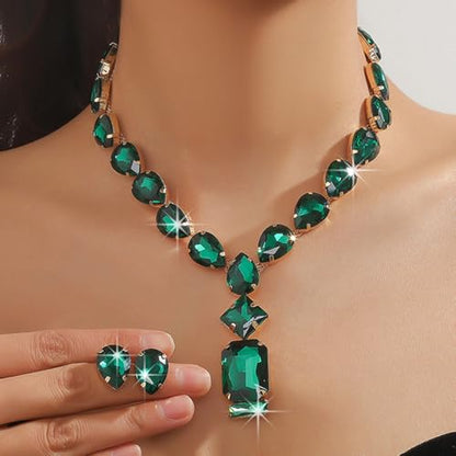 Fashion Colorful Green Silver Bridal Teardrop Crystal Necklace Earrings Set Square Necklace Pendant Crystal Wedding Jewelry for Women Exaggeration Halloween Choker Necklace Earrings Set for Women - color: Green