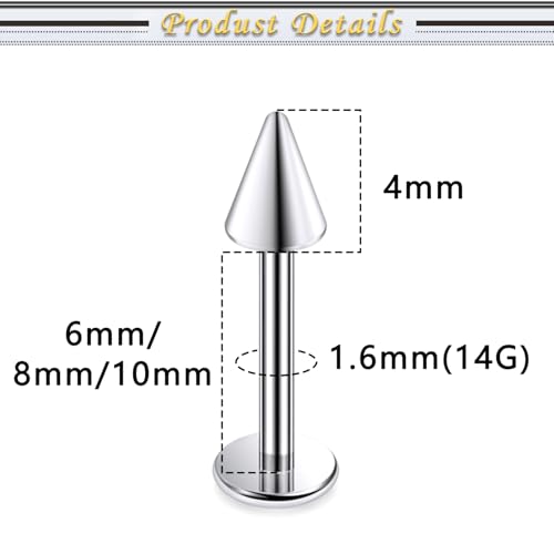 Internally Threaded Labret Studs 18G 16G 14G Surgical Steel Lip Piercing Jewelry with Claw Tool Monroe Snake Bite Jewelry Flat Back Barbell for Women Men Plus Piercing Ball Grabber Tool - color: silvertone, size: 14g,spike end