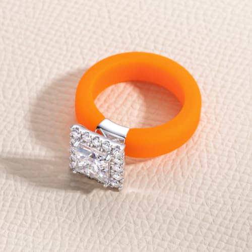 Moissanite Silicone Ring for Women, Promise Ring 925 Sterling Silver, Soft - color: Orange