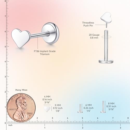 limerencia Titanium Threadless Flat Back Earrings Stud Piercing Jewelry | 20G Press Fit Titanium Push Pop in Cartilage Tragus Labret Lip Medusa Conch Piercing Jewelry Hypoallergenic for Women Men - style: Heart Silver