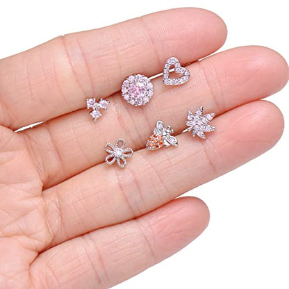 Tornito 16Pcs Nose Stud Rings L Screw Shaped Nose Ring Flower Snake Butterfly Heart Eye CZ Dangle Nose Rings Stud Body Piercing Jewelry for Women Men 20G Silver Pink Tone - color: C:Pink CZ(Screw Shaped)