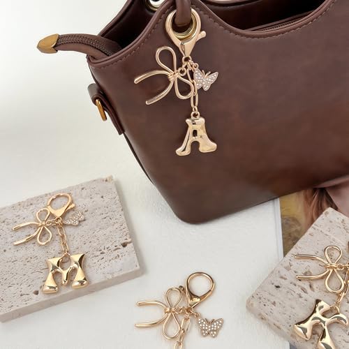 Gold Bubble Heart, Cherry, Bow & More Designs Letter Initial Keychain Bag Charms – Cute Purse Charms for Handbags - color: Bow & Butterfly, style: A