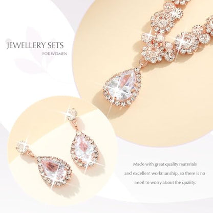Unicra Bride Silver Bridal Necklace Earrings Set Crystal Bridal Wedding Jewelry Set Rhinestone Choker Necklace for Women and Brides - color: Rose Gold