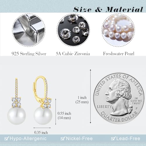 Pearl Earrings for Women 925 Silver Freshwater Real Pearl Drop Dangling Earrings for Birthday Christmas Anniversary - color: Gold