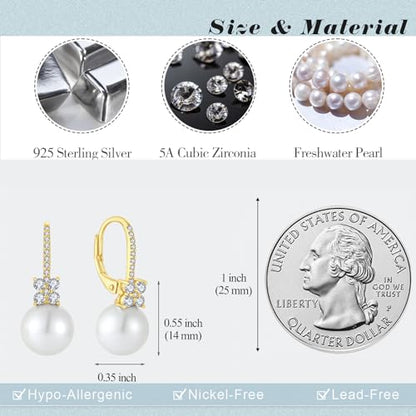 Pearl Earrings for Women 925 Silver Freshwater Real Pearl Drop Dangling Earrings for Birthday Christmas Anniversary - color: Gold