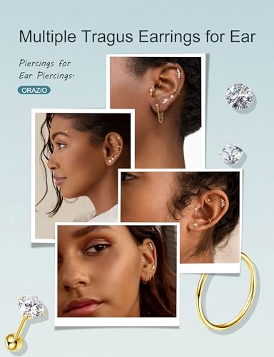 ORAZIO 16 Gauge Cartilage Earrings for Women-Hypoallergenic Surgical Stainless Steel Tragus Earring Set Threadless Flat Back Earrings Push in Nose Studs Daith Conch Tragus Helix Piercing Jewelry - color: Gold Tone