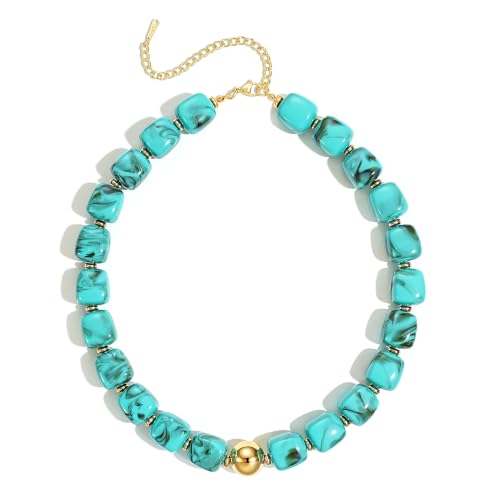 Ritach Chunky Beaded Necklaces for Women - Colorful Large Square Acrylic Beaded Necklace Boho Chunky Necklace Adjustable Statement Choker Necklace for Women Waterproof Summer Beach Jewelry Gifts - color: Turquoise