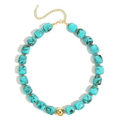 Ritach Chunky Beaded Necklaces for Women - Colorful Large Square Acrylic Beaded Necklace Boho Chunky Necklace Adjustable Statement Choker Necklace for Women Waterproof Summer Beach Jewelry Gifts - color: Turquoise
