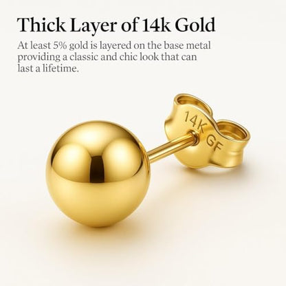 Kezef 14K Gold Filled Ball Stud Earrings for Women - Thick 14K Gold Layer, Hypoallergenic for Sensitive Ears, Round Studs | 3mm-9mm - style: 3mm, 4mm, 5mm