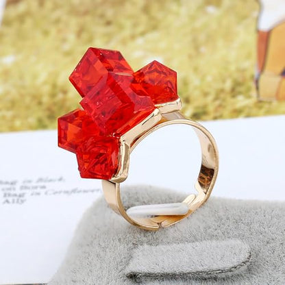 Hebelee Boho Square Crystal Statement Ring for Women Adjustable | Gold-Toned Expandable Promise Engagement Geometric Rings Comfort Fit Elegant Art Deco Christmas Cocktail Y2K Jewelry - color: Red
