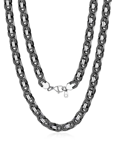 Bandmax Stainless Steel Byzantine Chain Necklace for Men Two Tone Black Gold Heavy Duty Motorcycle Biker Link Chains, 6MM/8MM/10MM Width, 18 Inch-30 Inch Length, Men's Fashion Jewelry Gift - color: 01 Silver&Black Tone