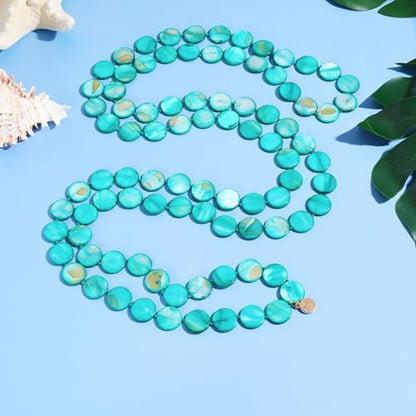 Firstmeet Flat Round Coin Shell Beads Long Knotted Necklace Natural Mother of Pearl Handmade Jewelry For Women - color: Teal