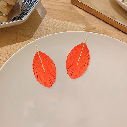 YUNXI Large Genuine Soft Leather Handmade Fringe Feather Lightweight Leaf with Simple Drop Metal Bar Tear Drop Dangle Color Earrings for Women - color: Orange