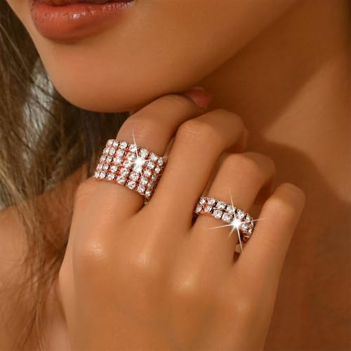 Fashion Silver Bling Rhinestone Crystal Stretch Rings Set for Women | Sparkly Rhinestone Elastic Finger Nail Ring Glitter Stretchy Stack Statement Knuckle Rings Cocktail Jewelry Accessories Pack - color: Rose Gold