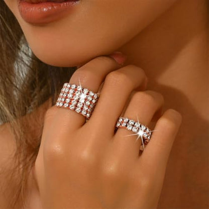 Fashion Silver Bling Rhinestone Crystal Stretch Rings Set for Women | Sparkly Rhinestone Elastic Finger Nail Ring Glitter Stretchy Stack Statement Knuckle Rings Cocktail Jewelry Accessories Pack - color: Rose Gold