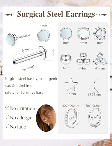 Sanfenly Threadless Flat Back Earrings Studs 316L Surgical Steel Cartilage Earrings for Women Men Push in Nose Rings Studs 20G 18G 16G CZ Opal Tragus Helix Conch Lip Labret Medusa Nostril Piercing Jewelry Hypoallergenic - color: Silver, size: 18g=1.0mm