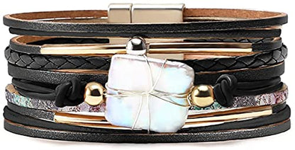 Fesciory Leather Wrap Bracelet for Women, Boho Western Layered Cuff Jewelry | Stackable Bracelets, Easy-On Clasp, Daily Wear, Pairs with Boho Western Outfits, Gift for Women - color: Black16