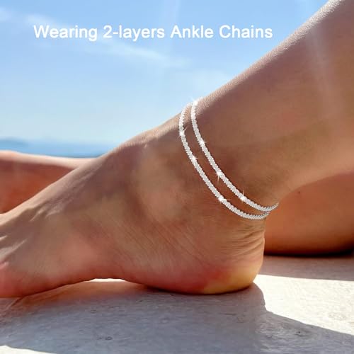 Sparkling Ankle Bracelets for Women Waterproof,18K Gold Plated Anklets for Women Large Ankles - color: B-3 Layered Star Chain-Silver