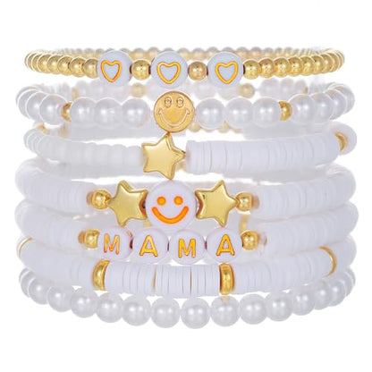 Friendship Bracelets for Women - Heishi Surfer Colorful Smile Evil Eye Clay Beaded Stretch Bracelets Elastic Layering - Stackable Boho Disc Y2K Aesthetic Summer Jewelry Set. - color: Smile-7pc-White mama