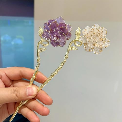 2 Pcs Peony Hair sticks for buns,Hair pins for women,Buns and Updos with No Hair Damage,Metal French Pin Great Hold,Suitable for fine & thick hairUS375 (Purple + White) - color: Purple + White