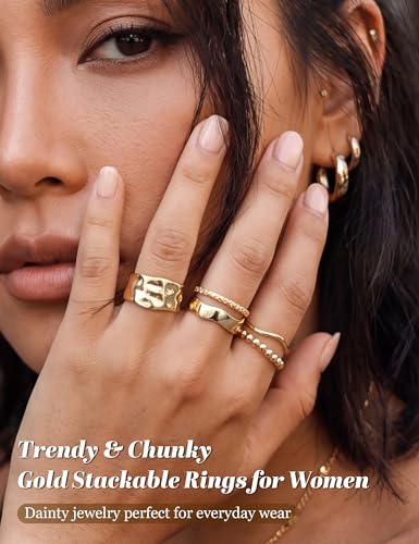 14K Gold Plated Rings for Women,Non Tarnish Stackable Chunky Ring | Cubic Zirconia Thumb Ring ,Dainty Stackable Chunky Rings Set,Trendy Statement Thick Dome Ring,Promise Wedding Band Size 6-10 - color: Gold A-Chunky Ring