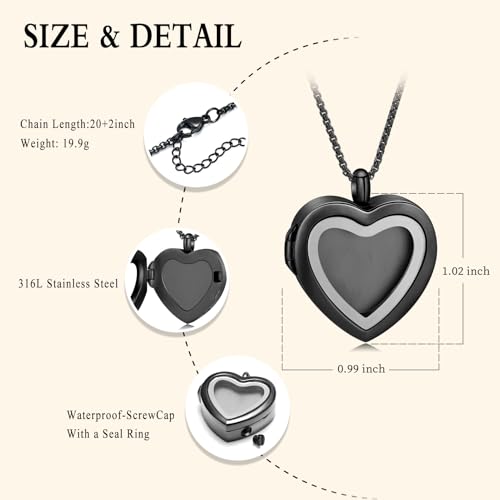 Oinsi Cremation Locket Necklace For Ashes Of Loved One Carry Photo Glass Memorial Urn Jewelry 316L Stainless Steel Keepsake Gifts - color: B-Black