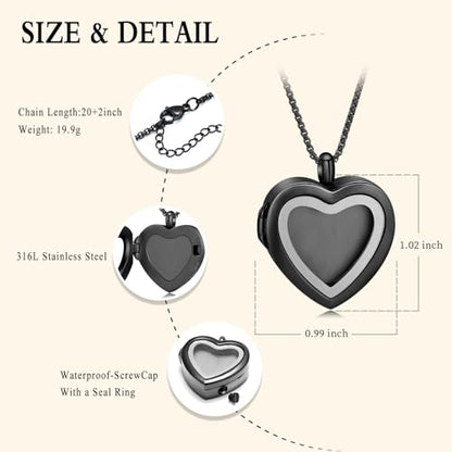 Oinsi Cremation Locket Necklace For Ashes Of Loved One Carry Photo Glass Memorial Urn Jewelry 316L Stainless Steel Keepsake Gifts - color: B-Black